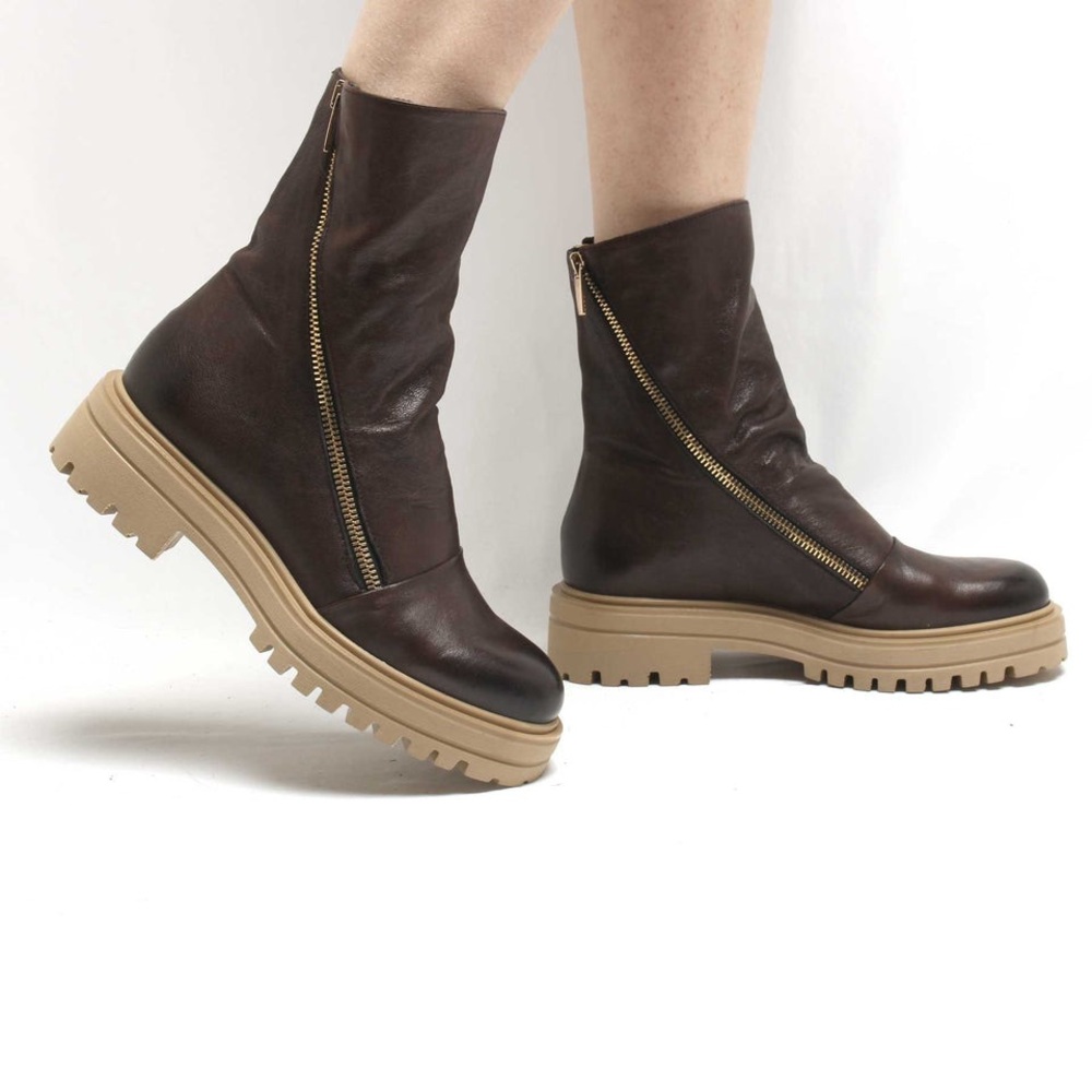 Michele Lopriore Leather Arizona Side Zip Combat Boots in Brown.